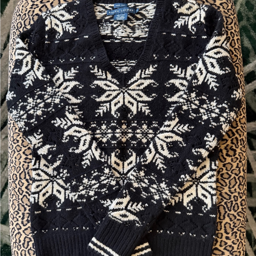 Ralph Lauren Hand Knit Fair Isle Snowflake Beaded Wool And Cashmere Sweater.